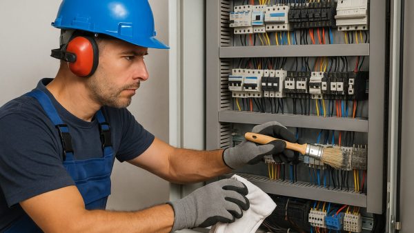 manutenção preventiva em painéis elétricos - eletricista limpando o painel