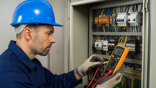 manutenção preventiva em painéis elétricos - eletricista medindo tensão